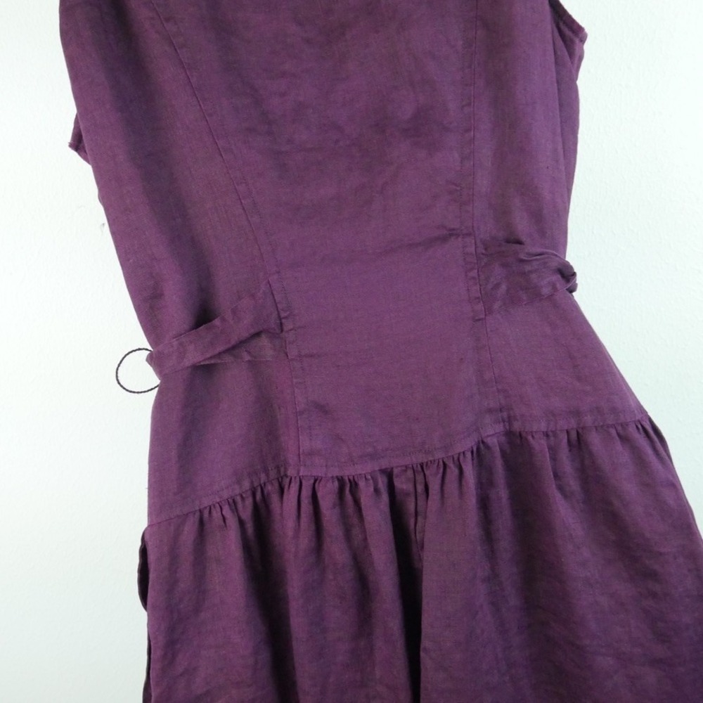 Vintage Linen Maxi Dress 14 Purple Sleeveless Button Front Tie Waist Minimal 90s - Picture 8 of 10